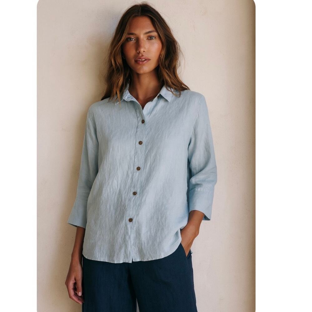 Halston Heritage Powder Blue Coastal Grandma Linen And Viscose Button Down Shirt